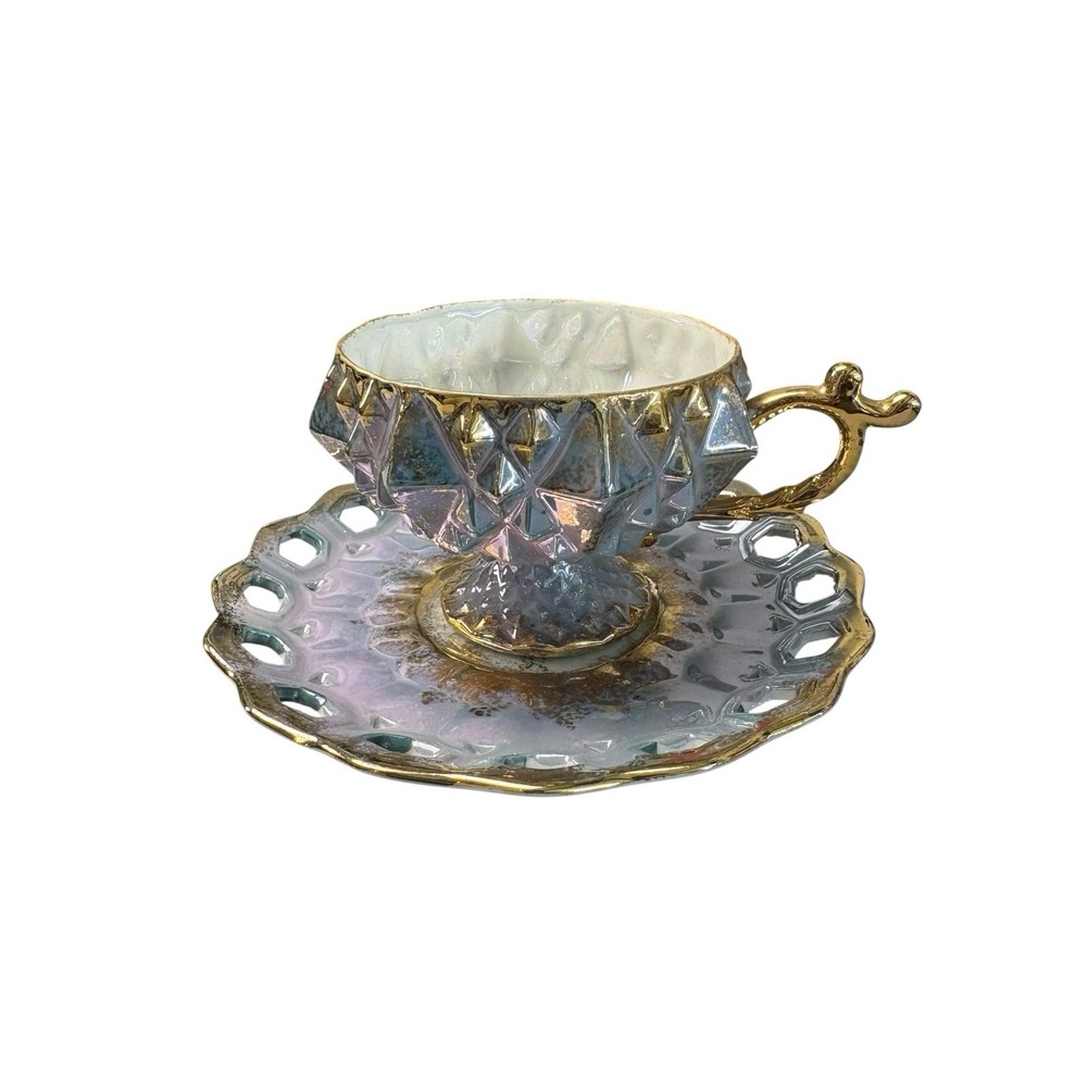 Royal Halsey Iridescent Lattice Teacup & Saucer‎ Set Japan Vintage